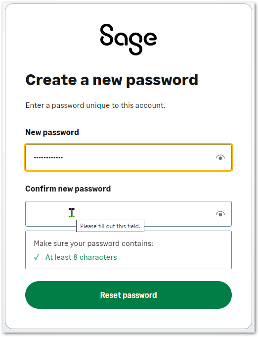 Sage ID - reset password creation