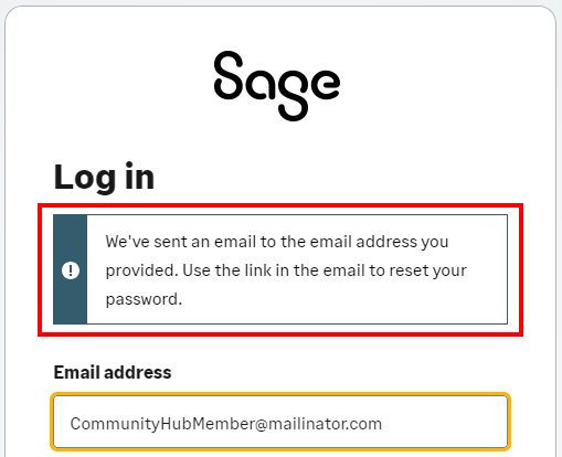 Sage - Community Hub - Forgot Password pt3 reset confirmation